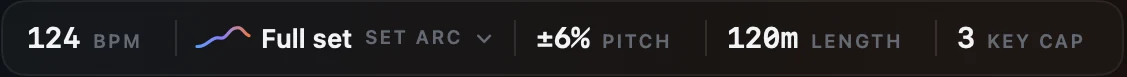 Set settings: 124 BPM, ±6% pitch, 120-minute length