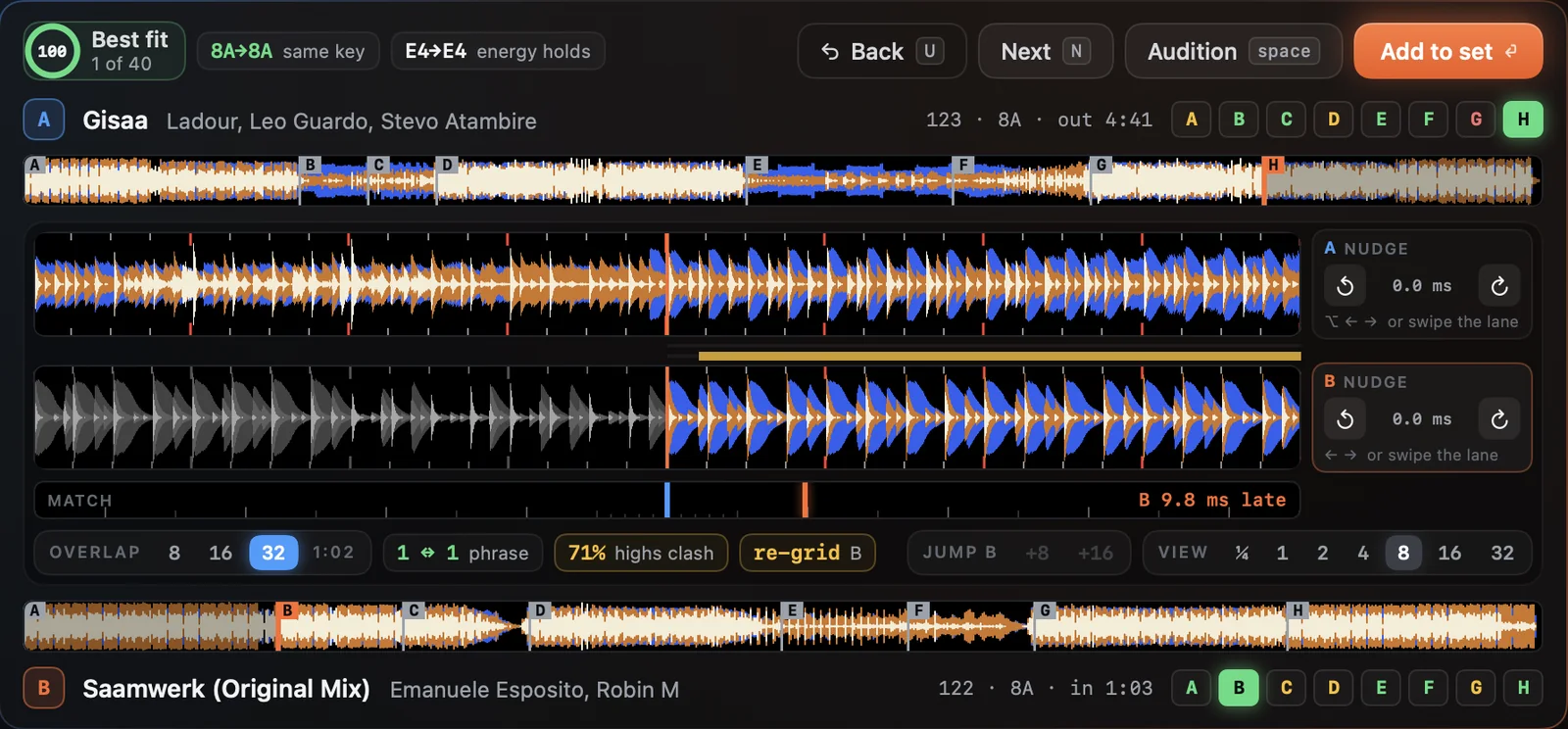 The blend you hear on Space: both records at their cue points, beat-matched