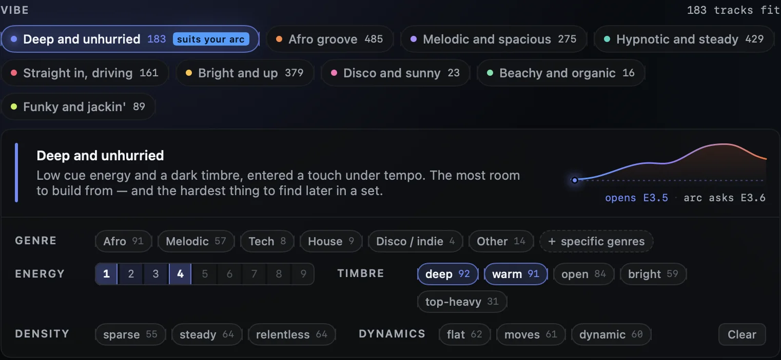 Start screen: opening moods with track counts, and filters for genre and sound